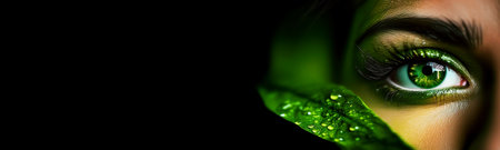 Extreme close-up of a beautiful green eye of a young woman looking through green leaves in the forest on black background with copy space. Ecological and environmentalist concept. Generative Ai.の素材