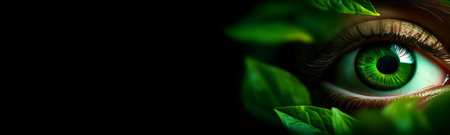 Extreme close-up of a beautiful green eye of a young woman looking through green leaves in the forest on black background with copy space. Ecological and environmentalist concept. Generative Ai.の素材