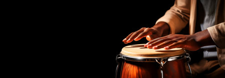 Extreme close-up of the expert hands of a percussionist while playing wooden bongos against a black dark background with copy space. Percussion instrument concept, wide banner. Generative Ai.の素材