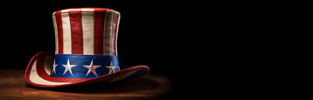 Extreme close-up of the Uncle Sam hat, tuba hat with the colors of the American flag (USA flag) above a wooden table against a black dark background with copy space. Generative Ai.の素材