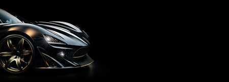 Close-up and side view of a black unbranded luxury sport car against a black dark background with copy space. Luxury sports automotive industry template or banner. Generative Ai.の素材