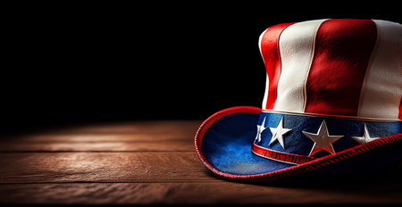 Extreme close-up of the Uncle Sam hat, tuba hat with the colors of the American flag (USA flag) above a wooden table against a black dark background with copy space. Generative Ai.の素材