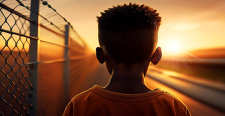 Back view of a black child of African ethnicity at the state border in front of a metal fence with barbed wire at sunset or sunrise. Concept of refugee camp and emigration and immigration. Generative Ai.の素材