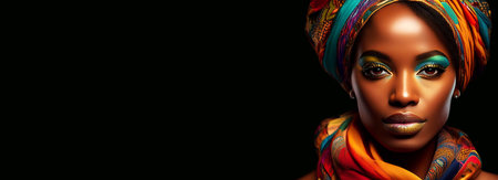 Portrait of young beautiful African-American woman with multi colored makeup wearing a multi colored scarf on her head looking at camera, isolated on black background with copy space. Generative Ai.の素材