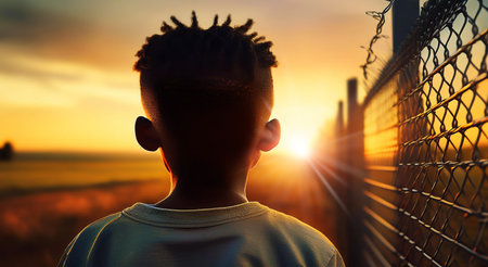 Back view of a black child of African ethnicity at the state border in front of a metal fence with barbed wire at sunset or sunrise. Concept of refugee camp and emigration and immigration. Generative Ai.の素材