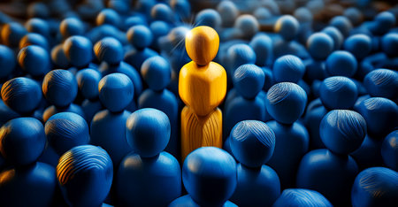 Closeup of one single yellow human shape (wooden figurine) among a large group of blue ones. Standing out from the crowd, thinking outside the box, leadership and individuality concept. Generative Ai.の素材
