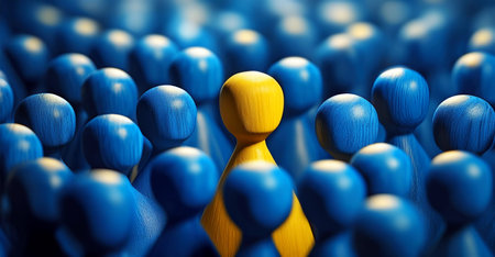 Closeup of one single yellow human shape (wooden figurine) among a large group of blue ones. Standing out from the crowd, thinking outside the box, leadership and individuality concept. Generative Ai.の素材