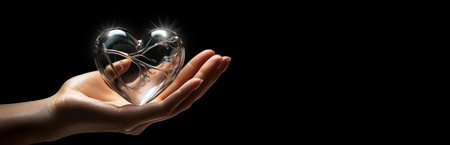 Extreme close-up and side view of a female hand holding a transparent glass or crystal heart in the palm, isolated on black dark background with copy space, wide romantic template. Generative Ai.の素材