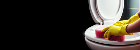 Female hands with yellow gloves and pink-magenta sponge cleaning a toilet bowl seat in a bathroom against a black dark background with copy space. Disinfection and hygiene concept. Generative Ai.の素材