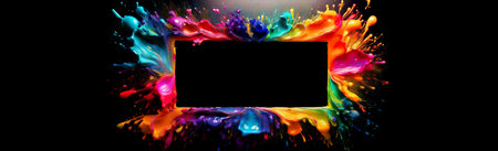 Close-up of an empty rectangular frame made of multicolored drops of color and paint on a black background with copy space. Wide blank banner, template. Generative Ai.の素材