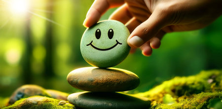 Close-up of a hand placing a pebble with smiling face on top of a balanced stack of pebbles in a green forest and nature background. Enjoying Life Concept. Harmony and Positive Mind. Generative Ai.の素材