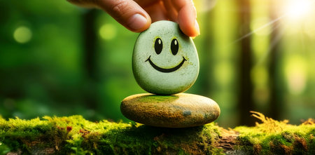 Close-up of a hand placing a pebble with smiling face on top of a balanced stack of pebbles in a green forest and nature background. Enjoying Life Concept. Harmony and Positive Mind. Generative Ai.の素材