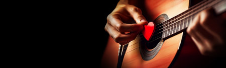 Close-up of the expert hands of a guitarist as he plays a beautiful wooden acoustic guitar with a red heart shaped plectrum (guitar pick). Concept of playing a love song or romance. Generative Ai.の素材