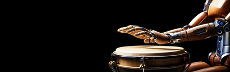 Extreme close-up, humanoid robot hands playing wooden bongos with great passion isolated on a black background with copy space. Artificial intelligence and entertainment concept. Generative Ai.の素材