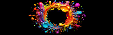 Close-up of an empty circular frame made of multicolored drops of color and paint on a black background with copy space. Wide blank banner, template. Generative Ai.の素材