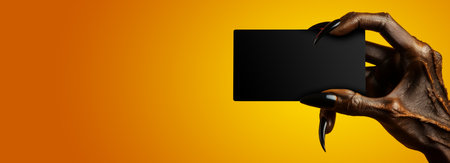 A scary black and brown hand, monster with long sharp claws holding an empty black business card with copy space, on a yellow-orange background. Template for a Halloween greeting card. Generative Ai.の素材