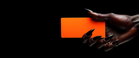 Closeup of a scary black hand, monster with long sharp claws holding a blank orange business card with copy space, isolated on black background. Template for a Halloween greeting card. Generative Ai.の素材