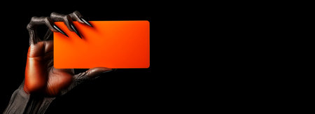 Closeup of a scary black hand, monster with long sharp claws holding a blank orange business card with copy space, isolated on black background. Template for a Halloween greeting card. Generative Ai.の素材