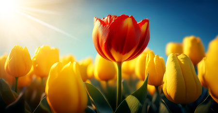 Single red tulip in bloom in a field with many yellow tulips against a clear blue sky. Standing out from the crowd, thinking outside the box, leadership and individuality concept. Generative Ai.の素材
