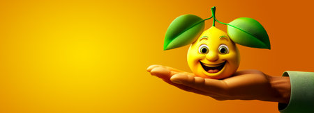 Extreme close-up of a ripe smiling lemon fruit with green leaves looking at camera, on the palm of human hand against a yellow-orange background with copy space. Generative Ai.の素材
