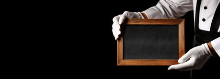 Close-up of the white gloved hands of a chef or a waiter, holding an empty blackboard with wooden frame and copy space, isolated on black background. Template for a restaurant menu. Generative Ai.の素材