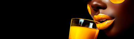 Young beautiful African-American woman with yellow makeup and yellow lipstick, drinking an orange juice or organic fruit beverage, isolated on a black background with copy space. Generative Ai.の素材