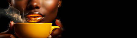 Closeup of young beautiful attractive African-American woman with yellow makeup and yellow lipstick smelling a cup of hot steaming coffee, isolated on a black background with copy space. Generative Ai.の素材