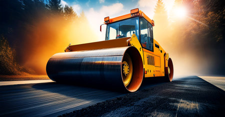 Asphalt Paving Machine. Close-up and bottom view of a large modern yellow and orange road roller or steamroller on a new asphalt road. Generative Ai.の素材