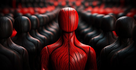 Close-up of one single red human shape (wooden figurine) among a large group of black ones. Standing out from the crowd, thinking outside the box, leadership and individuality concept. Generative Ai.の素材