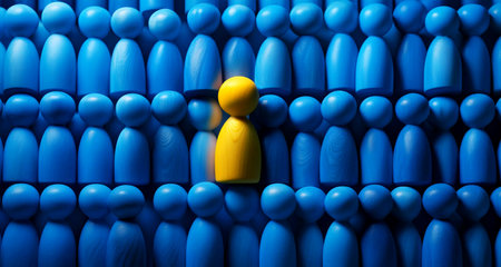 Closeup of one single yellow human shape (wooden figurine) among a large group of blue ones. Standing out from the crowd, thinking outside the box, leadership and individuality concept. Generative Ai.の素材