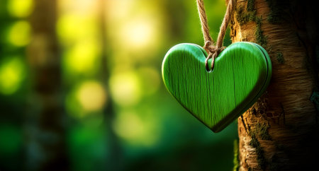 Extreme closeup of a green wooden heart hanging with a rope on a tree trunk, with a blurry green forest in the background with copy space. Concept of love for nature and the environment. Generative Aiの素材