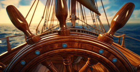 Extreme close-up of a wooden steering wheel of an old sail ship with a beautiful seascape in the background behind the bow of the ship. Generative Ai.の素材