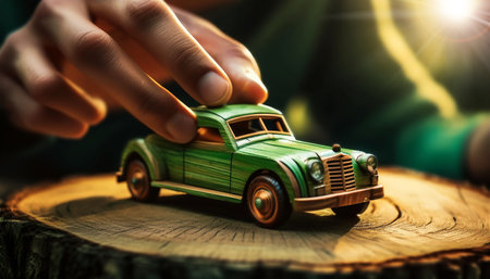 Hand of man playing with a toy green wooden vintage car above the cross section of a tree trunk against a natural green background. Concept of eco-friendly car and sustainable mobility. Generative Ai.の素材