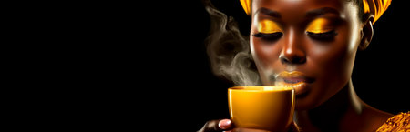 Closeup of young beautiful attractive African-American woman with yellow makeup and yellow lipstick smelling a cup of hot steaming coffee, isolated on a black background with copy space. Generative Ai.の素材