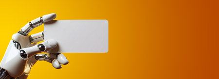 Extreme close-up of a humanoid robot hand holding a blank business card with copy space, isolated on yellow-orange background, wide banner. Artificial intelligence concept. Generative Ai.の素材