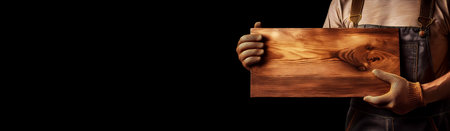 Extreme closeup of a manual worker with protective work gloves holding an empty wooden sign, isolated on black background with copy space. Blank wide banner. Generative Ai.の素材