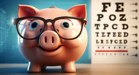 Extreme close-up of a smiling piggy bank at the optician shop wearing prescription glasses with eye chart on background. Eye care and low-cost glasses concept. Generative Ai.の素材