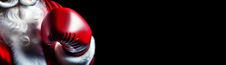 Extreme close-up of a Santa Claus wearing red boxing gloves (close-up of red boxing glove and white sleeve), isolated on a black background with copy space. Christmas card template. Generative Ai.の素材