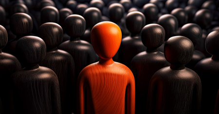 Closeup of one single orange human shape (wooden figurine) among a large group of black ones. Standing out from the crowd, thinking outside the box, leadership and individuality concept. Generative Ai.の素材