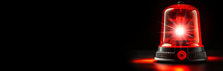 Close-up of emergency alarm red flashing light isolated on black background with copy space. Generative Ai.の素材