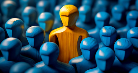 Closeup of one single yellow human shape (wooden figurine) among a large group of blue ones. Standing out from the crowd, thinking outside the box, leadership and individuality concept. Generative Ai.の素材