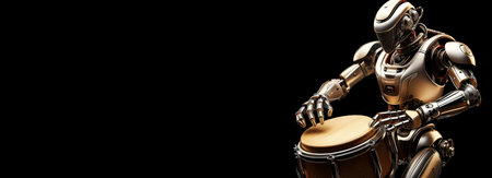 Close-up, humanoid robot hands playing wooden bongos with great passion isolated on a black background with copy space. Artificial intelligence and entertainment concept. Generative Ai.の素材