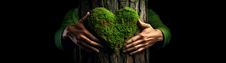 Extreme close-up of hands and arms of man hugging a tree trunk with green moss in the shape of a heart isolated on a black background with copy space. Concept of love for nature. Generative Ai.の素材