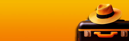 Modern orange and black suitcase or luggage bag with straw hat against an orange-yellow background with copy space. Holidays, weekend activities, relaxing time, traveling concept. Generative Ai.の素材