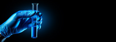 Extreme close-up of a hand of a scientist with blue latex glove holding a test tube filled with blue liquid against a black and blue background with copy space. Blank wide banner. Generative ai.の素材
