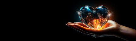 Extreme close-up and side view of a female hand holding a transparent glass or crystal heart in the palm, isolated on black dark background with copy space, wide romantic template. Generative Ai.の素材