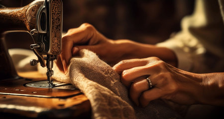 Extreme close-up of two hands of a seamstress who expertly sews a linen fabric with her old-fashioned sewing machine. Manual work in retro style, concept. Generative Ai.の素材