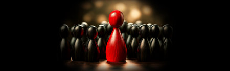 Close-up of one single red human shape (wooden figurine) among a large group of black ones. Standing out from the crowd, thinking outside the box, leadership and individuality concept. Generative Ai.の素材