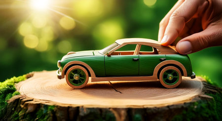 Hand of man playing with a toy green wooden vintage car above the cross section of a tree trunk against a natural green background. Concept of eco-friendly car and sustainable mobility. Generative Ai.の素材