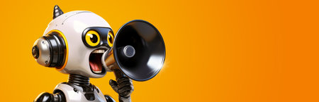 Close-up of a small cute humanoid robot shouting into a megaphone or loudspeaker, against a yellow-orange background with copy space. Wide banner for you special promotions, technology. Generative Ai.の素材